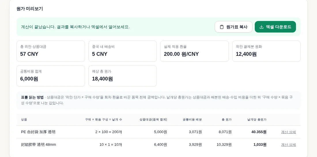 원가 미리보기 표